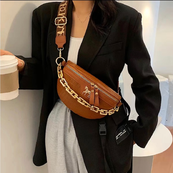 The Crossbody Handbags - Brown Beautiful Crocodile Patterned Crossbody /Fanny Pack With Chain